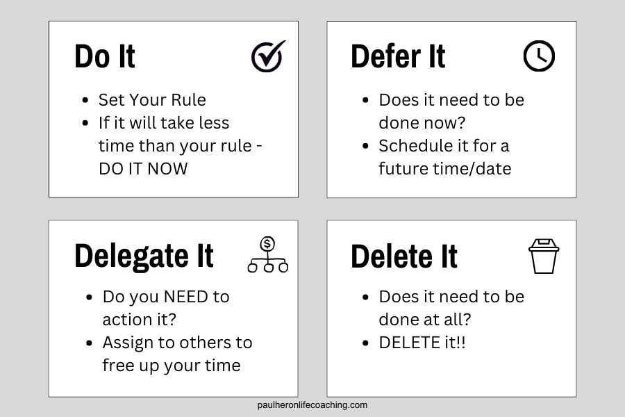 The 4 Ds of Time Management: Do it, Delegate it, Defer it and Delete it.